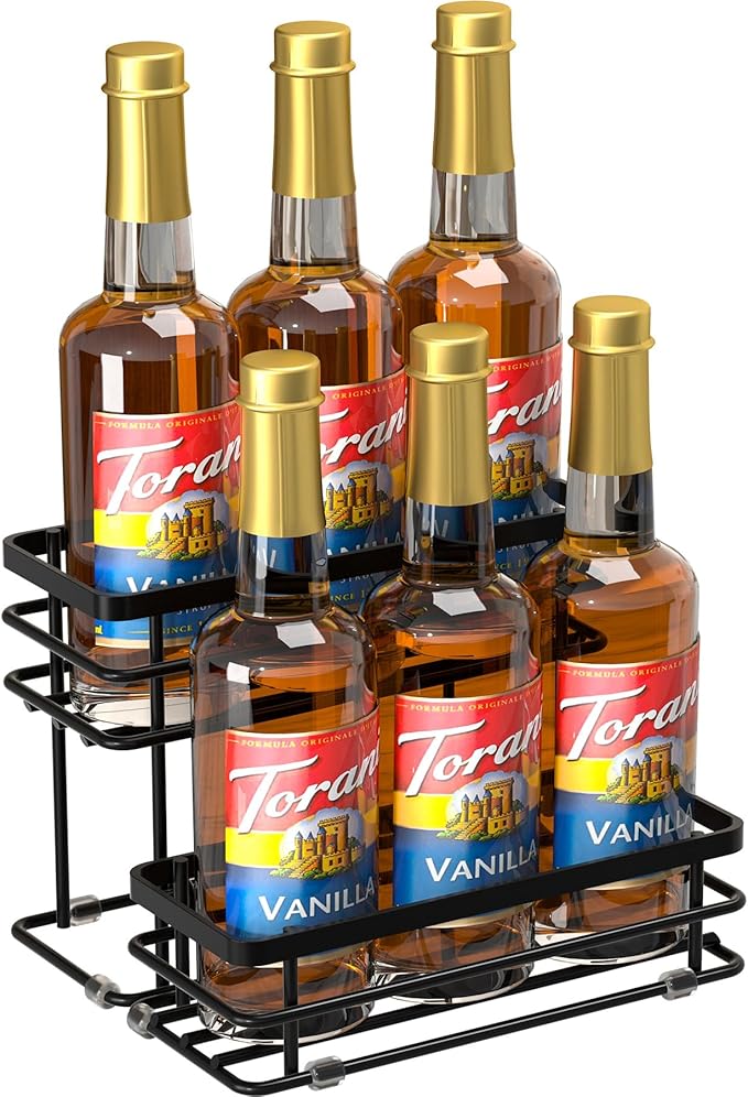 6 Bottle Coffee Syrup Organizer Rack, 2 Tier Coffee Syrup Stand Holder for Coffee Bar, Coffee Syrup Organizer for Countertop, Small Wine Rack for Family, Storage for Syrup, Dressing, Black