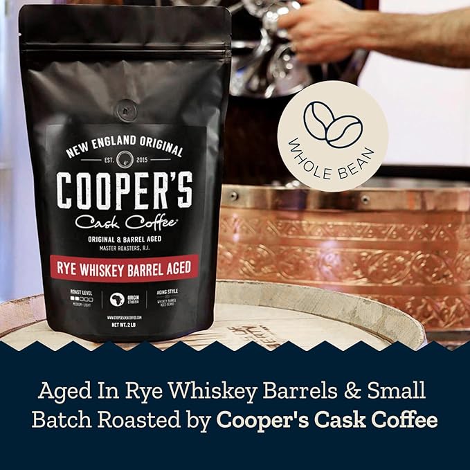 Rye Whiskey Barrel Aged Coffee, Single Origin Ethiopian Coffee Raw Beans Aged in Rye Whiskey Casks, Freshly Roasted, Battle Cry Whiskey, 2lb Bags, Whole Beans
