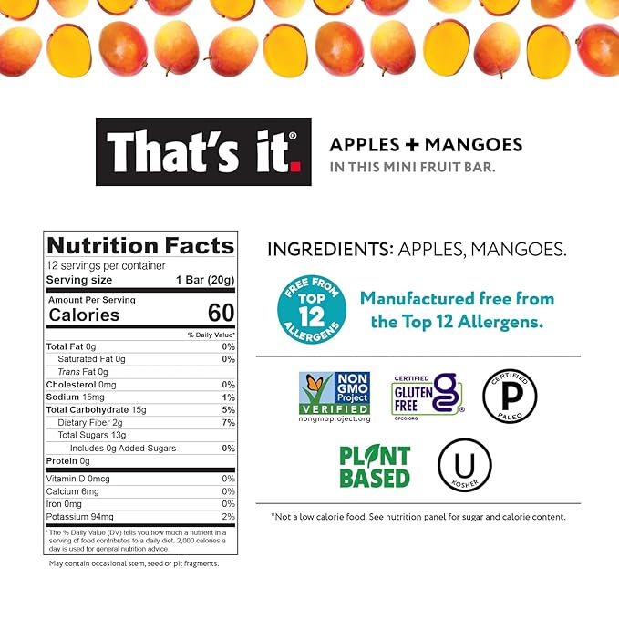 That's it. Mini Fruit Bars Gift Pouch (Variety 36 Count) No Sugar Added, Plant-Based, Vegan & Gluten Free, Paleo, Non GMO, Fiber (12 Banana, 12 Blueberry, 12 Mango)