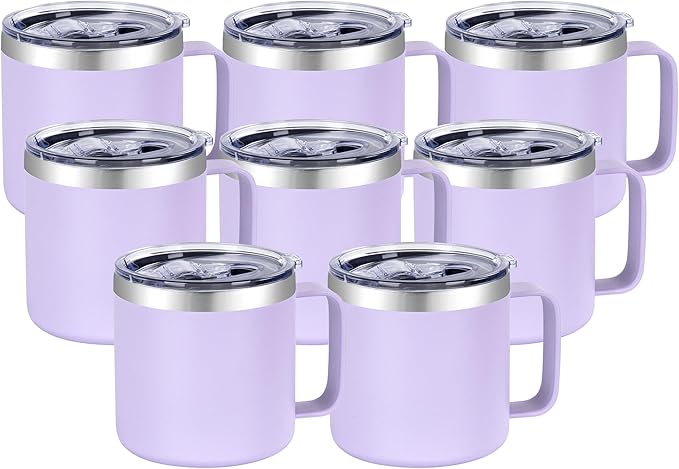 VEGOND 14 oz Insulated Coffee Mug Bulk with Handle, Stainless Steel Travel Coffee Mug with Lid, Double Wall Vacuum Metal Coffee Cup, Coffee Tumbler Powder Coated, Purple 8 Pack