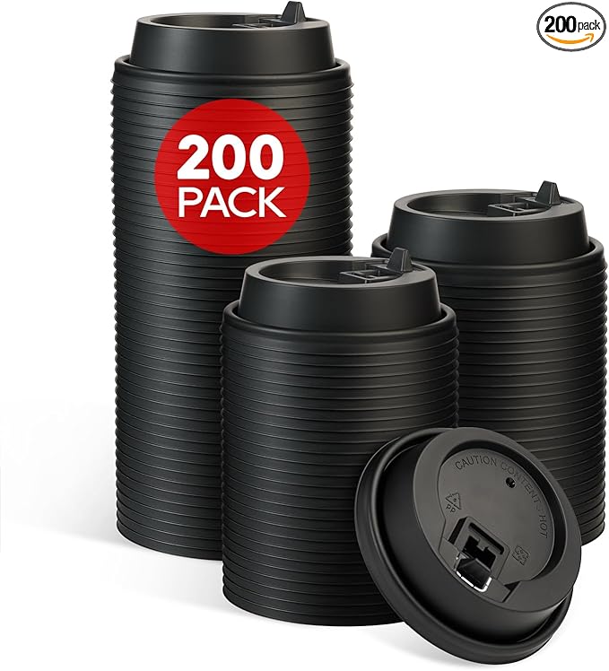 LITOPAK 200 Count Coffee Cup Lids, 3.54'' Disposable Plastic Lids for 10oz, 12oz, 16oz, and 20oz Paper Cups, Black