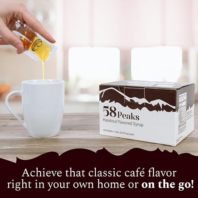58Peaks Hazelnut Flavored Syrup Sweetener Packets for Hot and Cold Drinks | To-Go Syrup Flavoring Perfect for Coffee, Tea, Milkshake and More | Flavored Coffee Syrups for Travel | 15mL | 50-Pack