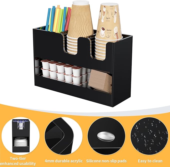 Coffee Condiment and Cup Organizer - 2-Tier Upright Cup and Lid Holder with Straw Organizer 4 Compartments Black Acrylic Cup Dispenser for Restaurant Breakroom Coffee Station Countertop