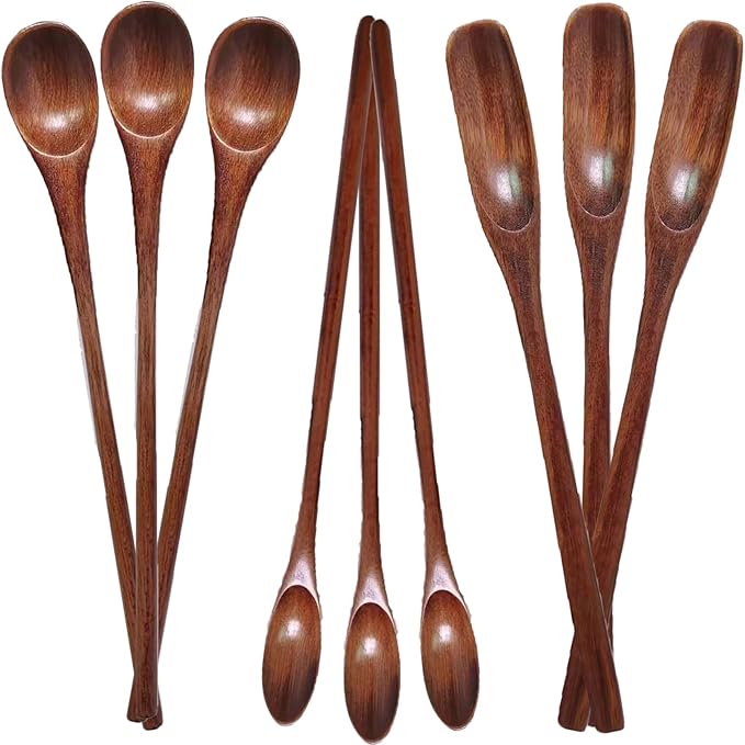 Wooden Spoons Long Handle Wooden Coffee Spoons Tea spoon Wooden Mixing Honey Spoon Handmade Wood Stirring Spoon for Kitchen Cooking Utensils(9PCS)