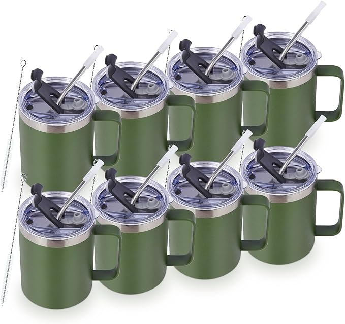 Volhoply 12oz Insulated Leakproof Coffee Mug with Flip & Straw Lid Bulk 8 Pack,Double Wall Vacuum Stainless Steel Travel Tumbler Cup with Handle,Reusable Camping Mugs Keep Cold(Army Green,8 Set)
