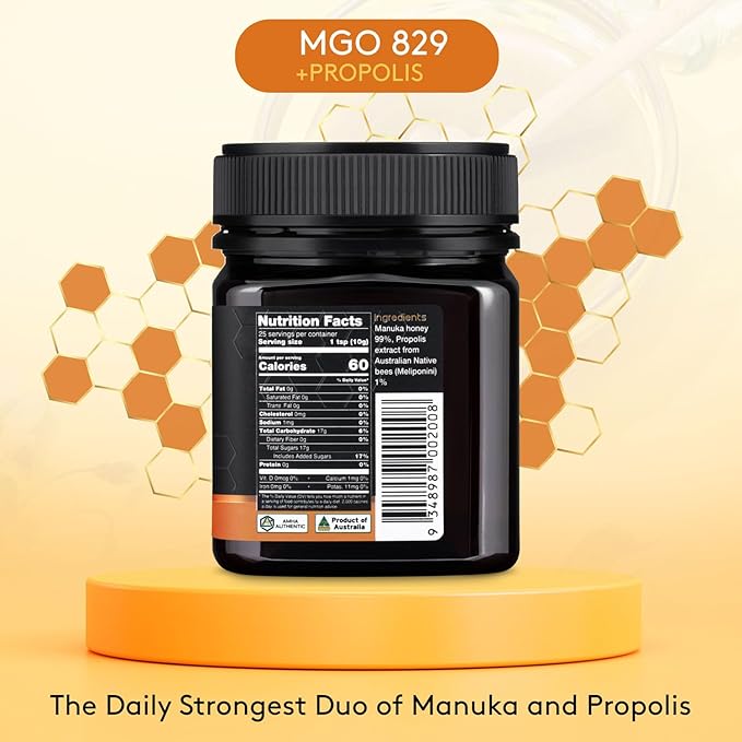 Nature’s Gold Raw Manuka Honey with Australian Native Bee Propolis, MGO 829+ | 8.8oz (250g), 100% Pure Genuine Traceable Hive to Home
