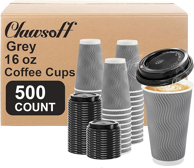 500 Pack Coffee Cups with Lids 16oz, Disposable Insulated Ripple Wall To Go Paper Coffee Cups for Hot/Cold Drinks Office Home Shop Event (Grey)
