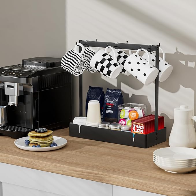 RCHYFEED Coffee Mug Holder Organizer with Movable Hooks, Coffee Cup Holder for Countertop, Metal Coffee Mug Tree Stand with Storage Basket, Cups Mug Rack for K Cup Pod Coffee Bar Kitchen, Black