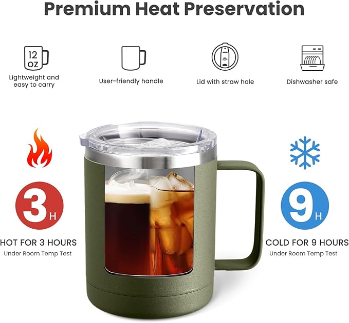 MEWAY 12oz Coffee Mug With Handle 4 Pack Bulk,Stainless Steel Insulated Travel Tumblers With Sliding Lid,Double Wall Vacuum Camping Cup for Hot & Cold Drinks Tea (Army Green,Set of 4)