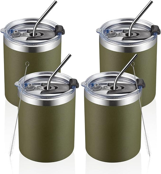 MEWAY 12 oz Lowball, Tumbler Stainless Steel Double Wall Vacuum Insulated Mug with Straw and Lid, Cleaning Brush ，Durable Powder Coated Insulated Coffee Cup for Cold & Hot Drinks (Army Green,4 pack)