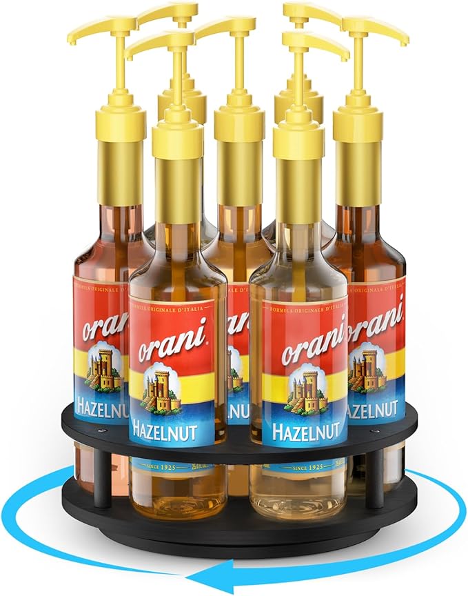THYGIFTREE Rotating Coffee Syrup Organizer 7 Bottles Syrup Rack for Countertop Wood Syrup Bottle Holder Stand for Coffee Bar Station, Turntable Wine Display Tray, Black