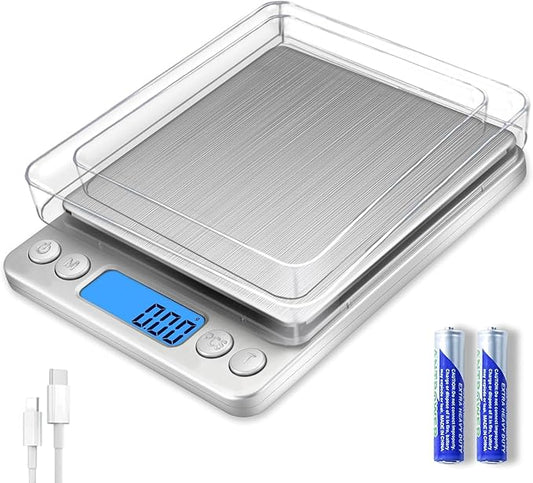 Digital Gram Scale 1000g/0.01g, Scale for Food Ounces and Grams, Upgrade USB Charging Kitchen Scale Digital Weight for Cooking, Baking, Tare Function, 9 Units, 2 Tray