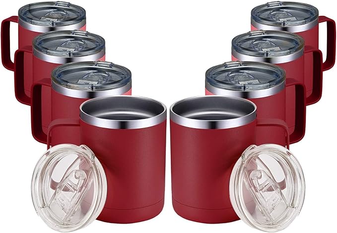 MEWAY 12oz Coffee Mug With Handle 8 Pack Bulk,Stainless Steel Insulated Travel Tumblers With Sliding Lid,Double Wall Vacuum Camping Cup for Hot & Cold Drinks Tea (Red,Set of 8)