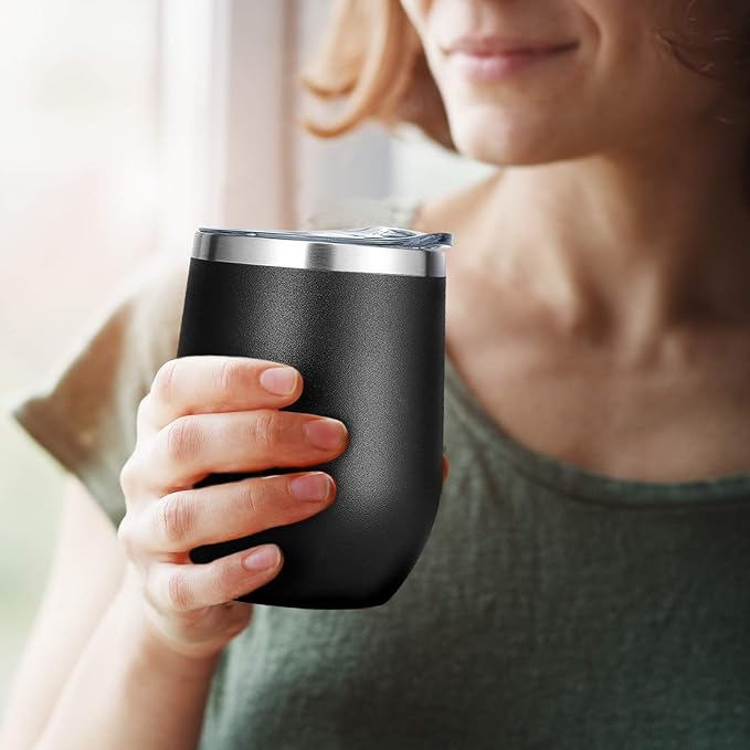 VEGOND 12oz Stainless Steel Wine Tumbler with Lid and Straw, Double Wall Vacuum Insulated Stemless Wine Glass Tumbler Cup, Coffee Mug for Cold Hot Drinks