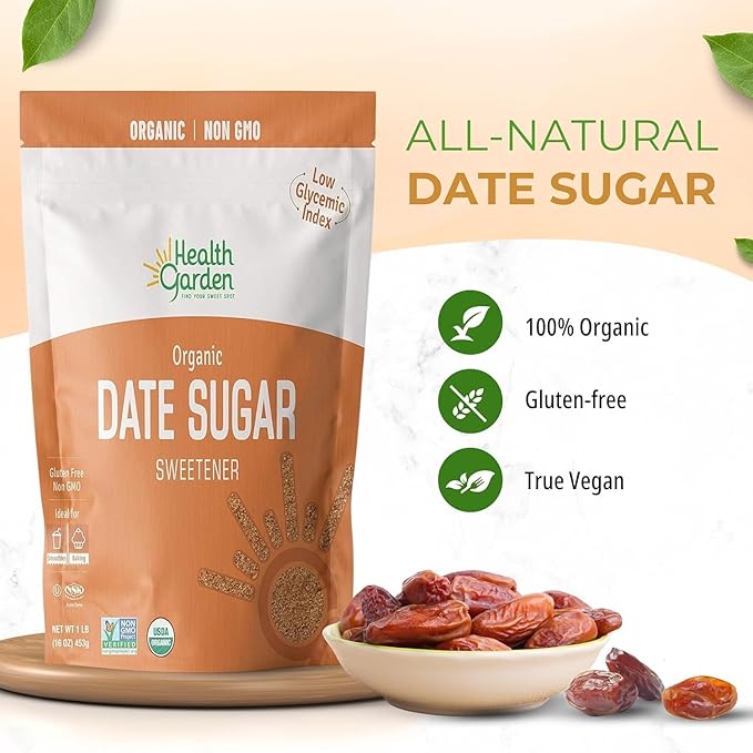 Health Garden Date Sugar, 16 Oz x 12, Organic Date Sugar Sweetener, All-Natural Dried Ground Dates, Rich in Vitamins and Minerals, No Gluten, Non-GMO, Low Glycemic Sugar Substitute (1 Lb. pack of 12)