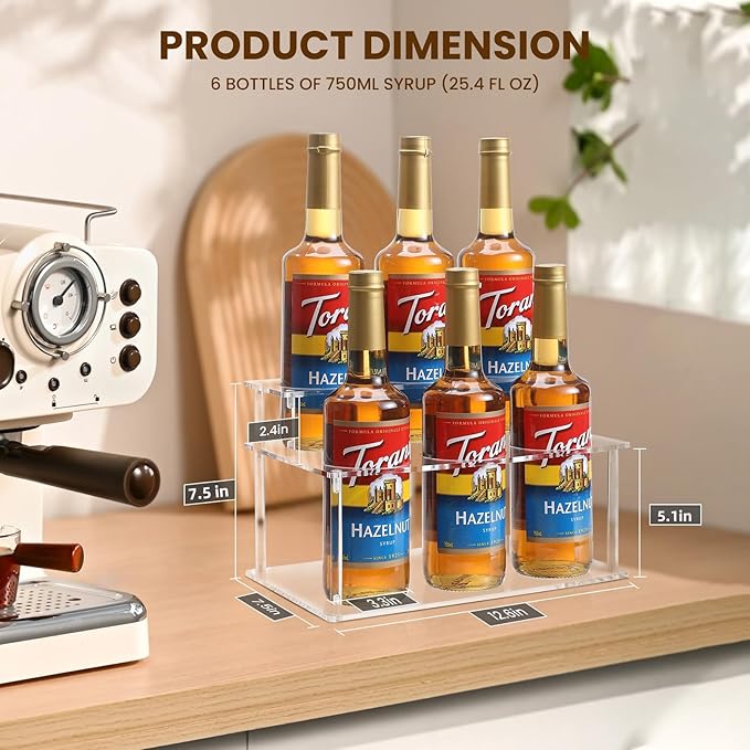 IEEK Coffee Syrup Rack,2 Tier Clear Acrylic Coffee Syrup Organizer with anti slip padfor Coffee Bar,Kitchen.Small Wine Rack for Bar,Family,Storage for Syrup,Wine,Dressing,6 Bottle Capacity