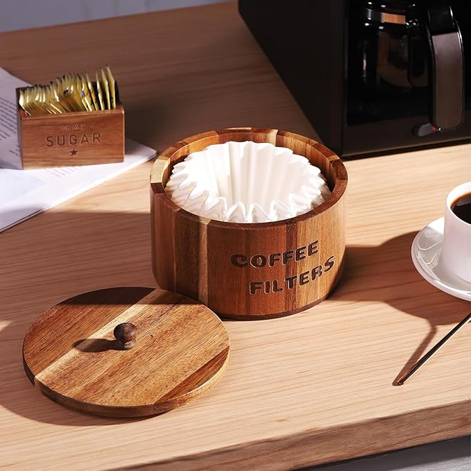 Natural Acacia Wood Coffee Filter Holder with Lid, Multi-Use Countertop Organizer for Coffee Filters, Pods, Beans - Rustic Kitchen Decor