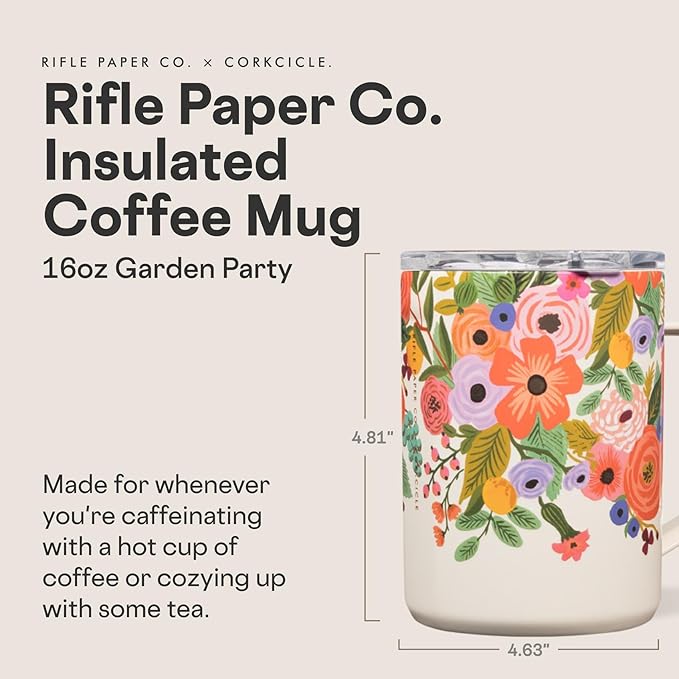 Corkcicle x Rifle Paper Co. Triple Insulated Coffee Mug with Lid & Handle - Keeps Beverages Hot for 3+ Hours - Gift for Mom - Great for Mother's Day or Christmas - 16 oz - Garden Party