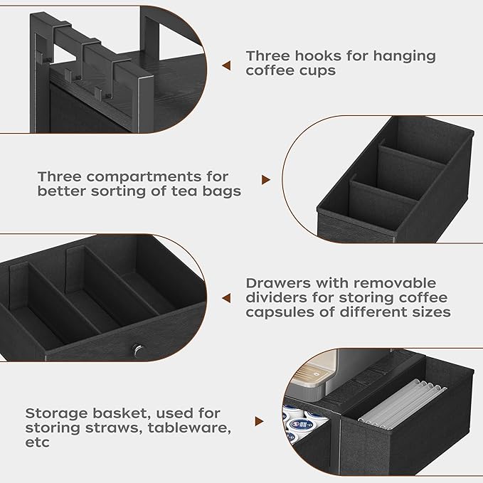 Homeiju Coffee Pod Drawers - K Cup Organizer, Nespresso Pods Holder with Mug Rack, Coffee Holder for Countertop, 52 Capacity Pods, Suitable for Kitchens, Offices and Coffee Bars(Black)