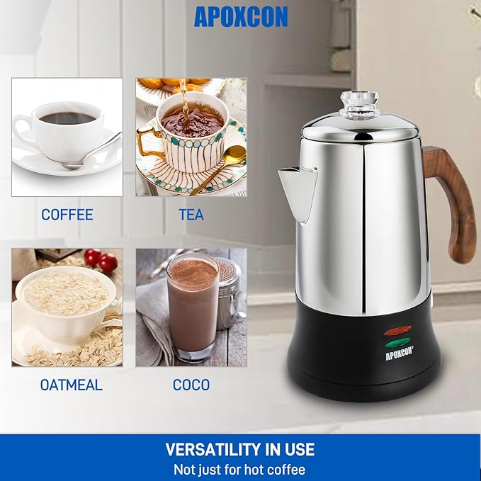 Electric Coffee Percolator Stainless Steel Coffee Maker with Tough Glass Clear Brew Progress Knob & On/OFF Switch Keep Warm Cordless Serve for Home and Hotel Room Use Gift Box Packaging 6 Cup