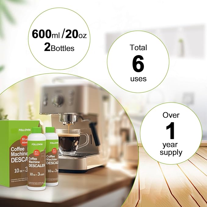 FOLLOWIN Coffee Machine Cleaner and Descaler,Espresso Coffee Maker Cleaner(2 Pack & 6 Uses),Descaling Solution for Espresso Machines and Single Use Coffee Maker