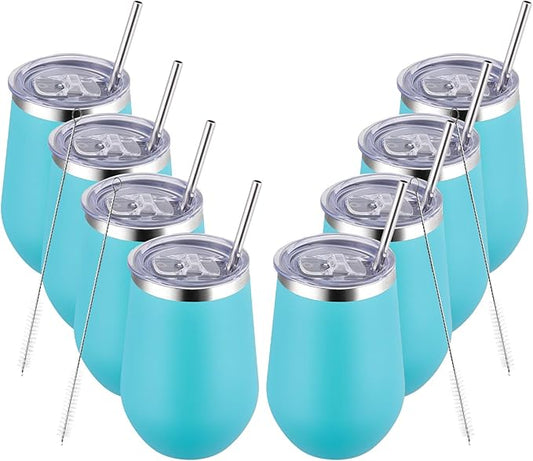 MEWAY 12oz Insulated Wine Tumbler with Lid and Straw - Double Wall Vacuum Stainless Steel Wine glass, Ideal for Travel and Office, Baby shower prizes for winners(Light Green,Set of 8)