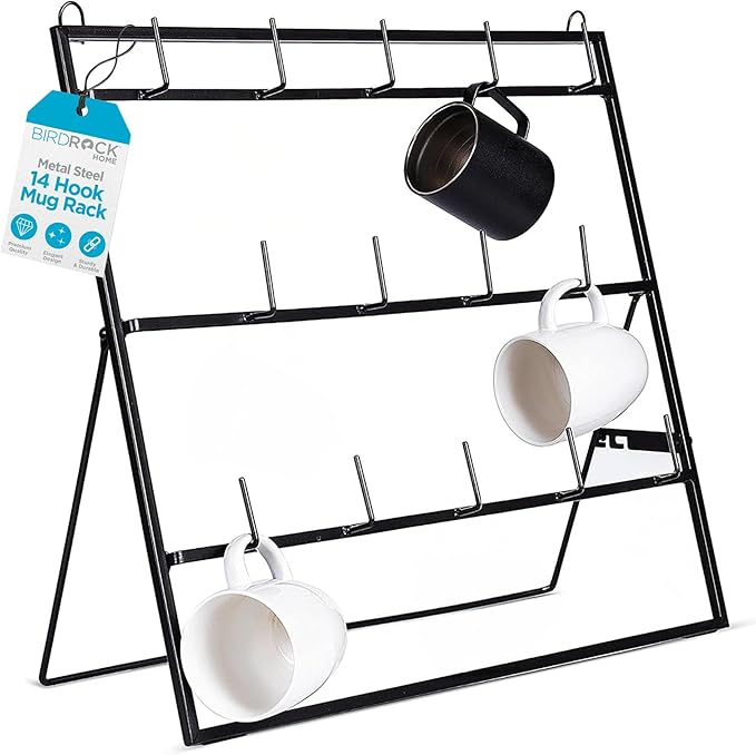 BIRDROCK HOME 14-Hook Mug Rack - Free Standing or Wall Mountable - Coffee Tea Cup Glass Storage Holder - Coffee Bar Display Décor - Decorative Kitchen Organizer - Flat Black Metal Steel