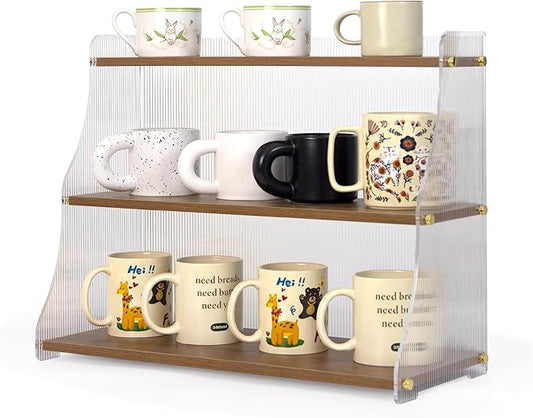 Coffee Mug Holder Wooden Cup Station Organizer 3 Tier Cup Holder for Coffee Bar Mug Display Rack for Countertop Mug Holder Shelf for Home Kitchen Trapezium-Nutbrown