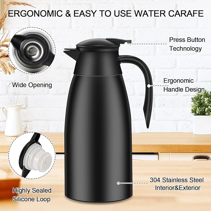 Uiifan 2 Pcs 68oz Thermal Coffee Carafe Insulated Stainless Steel Coffee Carafe for Hot Liquids Double Walled Vacuum Pot Creamer Pitcher Dispenser with Brush for Keeping Milk Tea(Silver, Black)