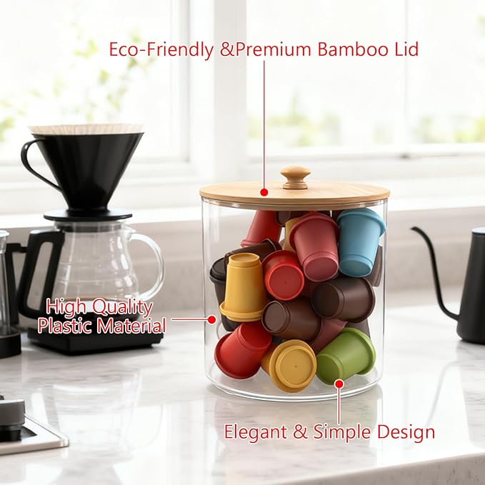 2 Pack Coffee Pod Holder with Bamboo Lid, Clear Coffee Pods Storage Basket Large Capacity K Cup Holder for Kitchen Countertop, Coffee Filter Holder, Cafe Bar Organizer, Office Desktop