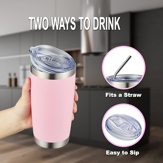COMOOO 20oz Double Wall Vacuum Insulated Travel Mug Stainless Steel Tumbler with Lid and Straw Durable Powder Coated Insulated Coffee Cup for Cold & Hot Drinks (Pink, 12 pack