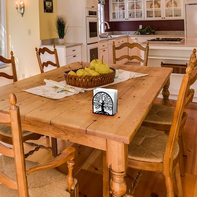 Tree of Life Decorative Black Metal Napkin Holder for Table, 4.9" x 4.9" x 1.9" Standing Napkin Holder for Home Kitchen Restaurant Picnic Party Coffee Bar Dining Room