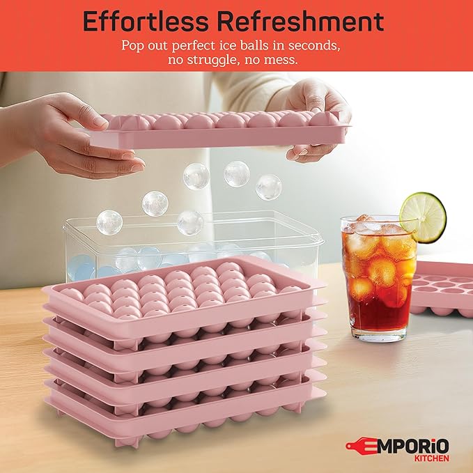 Round Ice Cube Tray Set Pack of 1, BPA-Free Stackable Trays with Lid & Tongs, 33 Ice Balls Per Tray for Whiskey, Drinks, and Cocktails, Quick Release Round Ice Cube Mold, Pink