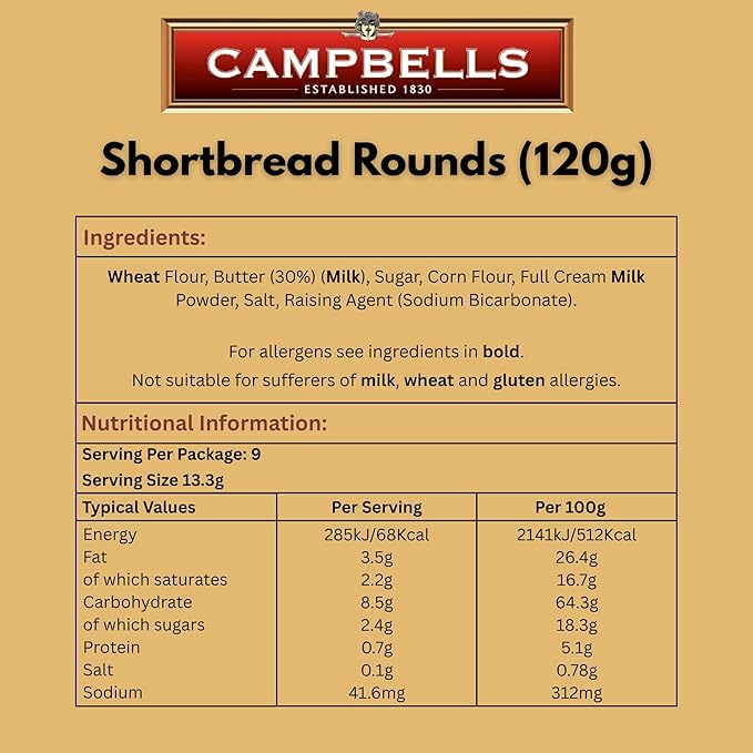 Campbells Shortbread Pure Butter Rounds 4.23 Oz (120g) - Traditional Scottish Shortbread Cookies from Scotland, Gourmet English Tea Biscuits, Imported British Butter Cookies for Gifting