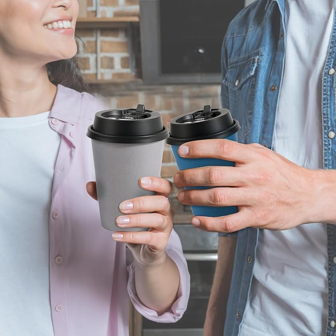 LITOPAK 100 Pack 12 oz Disposable Paper Coffee Cups with Lids for Coffee, Water, Juice, or Tea, Blue and Gray Hot Paper Cups for Home, Restaurant, Store, and Cafe