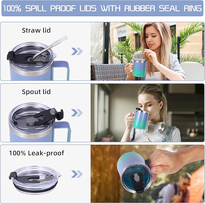 Volhoply 12oz Insulated Leakproof Coffee Mug with Flip & Straw Lid,Double Wall Vacuum Stainless Steel Travel Tumbler Cup with Handle,Reusable Camping Mugs Keep Cold/Hot(Purple Green,1 Set)