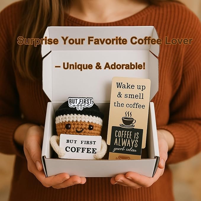 Coffee Bar Accessories Gift Set – Cute Crochet Plush, Cocoa Soap, Barista Must-Have Pin, Coffee Bar Décor Sign – Funny Kitchen Decoration for Drink Lovers & Station Display