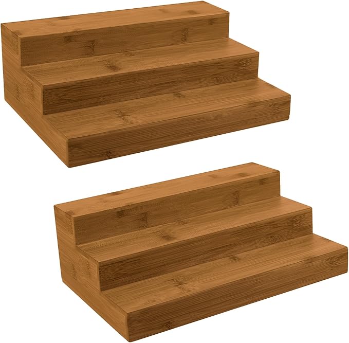 Bamboo Spice Rack Organizer for Cabinet 3 Tier Countertop Step Spice Shelf for Kitchen Storage and Organizer (Brown - 2 Pack)