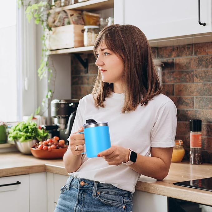 Volhoply 12oz Insulated Leakproof Coffee Mug with Flip & Straw Lid Bulk 4 Pack,Double Wall Vacuum Stainless Steel Travel Tumbler Cup with Handle,Camping Mugs Keep Cold/Hot(Blue,4 Set)