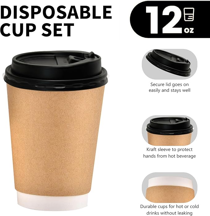 Disposable Coffee Paper Cups Of 12oz With lids, Double Wall Insulated Hot To go Cups With Lids, Hot Coffee Cups With Lids For Coffee Supplies, Daily Usage Or Any events