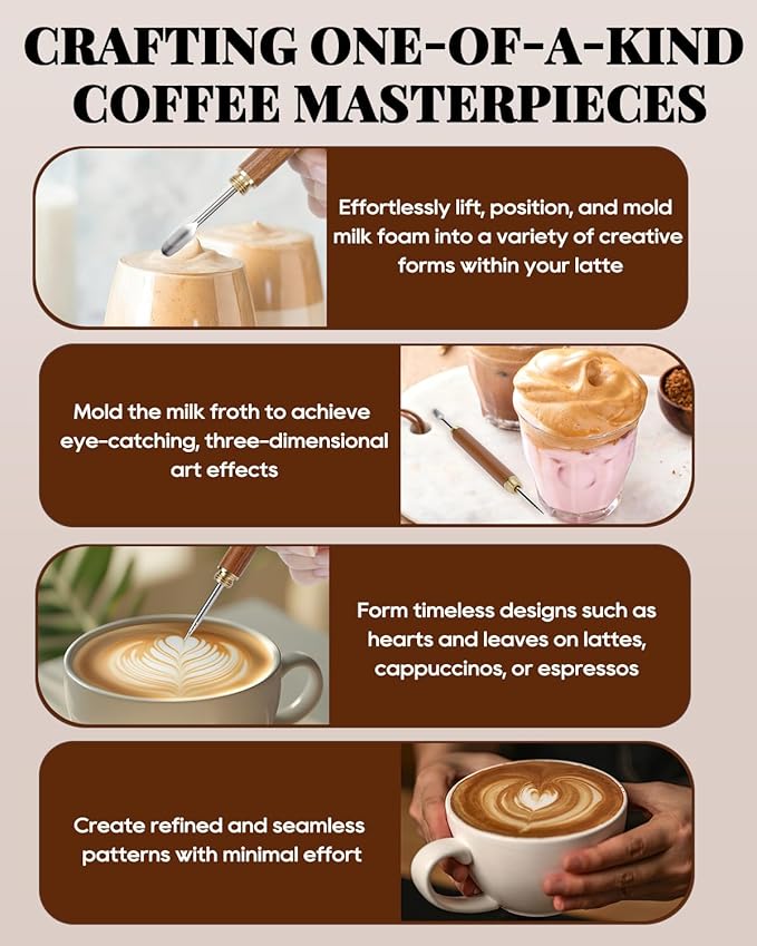1PCS Latte Art Pen with Rosewood Handle, 304 Stainless Steel Coffee Needle & Mini Sculpting Spoon, Vintage Brass Cap, Latte Pen for Coffee Foam Etching, Coffee Bar Accessory