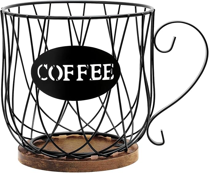 Rustic Metal K-Cup Coffee Pod Holder Mug - Large Wire Basket with Wooden Base for Countertop Coffee Storage - Farmhouse Decor for Home & Office (Rustic Brown-Round)