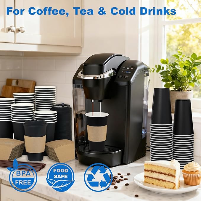16 oz 50 Pack Coffee Cups with Lids and Sleeves, Straws, Hot Disposable To Go Travel Paper Cups Bulk for Office, Home Coffee Bar Accessories, Chocolate, Cocoa, Beverage (Black)
