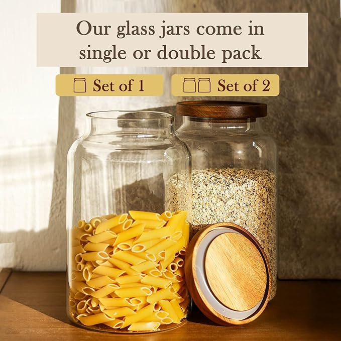 Labina Glass Storage Container Airtight Food Jars Kitchen Canister with Wood Lids, 88 Oz Wide Mouth Pantry Organization Glass Jar for Flour, Sugar, Cookie, Spagetti, Nuts and Candy