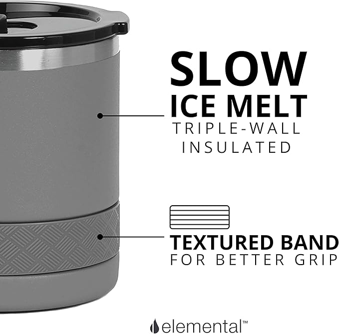 Elemental Recess Lowball Tumbler, 10oz Triple Wall Stainless Steel Cup with Non-Shattered Tritan Lid, Insulated Whiskey Glass, Insulated Coffee Tumbler Mug for Hot & Cold Drinks - Graphite