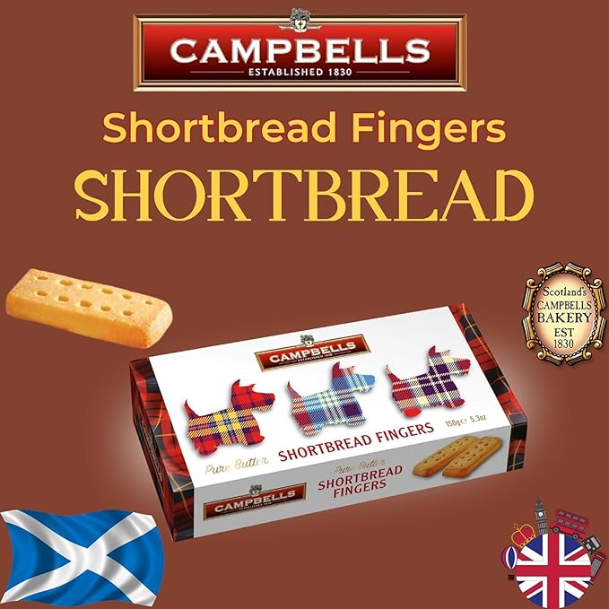 Campbells Shortbread Fingers Tartan Dog Carton 5.3 Oz (Pack of 3) - Pure Butter Scottish Shortbread Cookies from Scotland, British Tea Biscuits & Snacks, Crumbly All-Butter Fingers, Cookie Gift Box