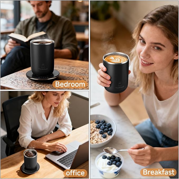 Self Stirring Coffee Mug with Temperature Control,Type-C Heated Magnetic Mixing Cup,3 Heat Levels,8-Hour Auto Shut-Off,USB Rechargeable Stainless Steel Smart Mug for Milk Protein Shakes Black 11oz