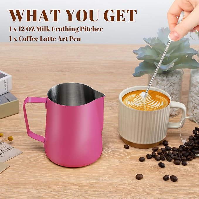 Milk Frothing Pitcher, 12 oz Milk Frother Cup with Clear Scale, 304 Stainless Steel Cappuccino Espresso Machine Accessories for Barista Coffee Bar with Latte Art Pen, Rose Red