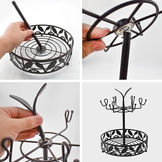 VANRA Coffee Mug Holder Stand 6 Hooks Rotating Mug Rack Countertop with Coffee Pod Basket Storage for Kitchen Counter Organizer, Black Steel (360 Rotating)