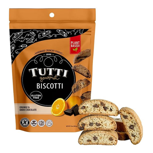 Tutti Gourmet Gluten Free Orange & Chocolate Biscotti, 9.9 oz (283g) Resealable Cookie Bag - Vegan and Halal Snacks